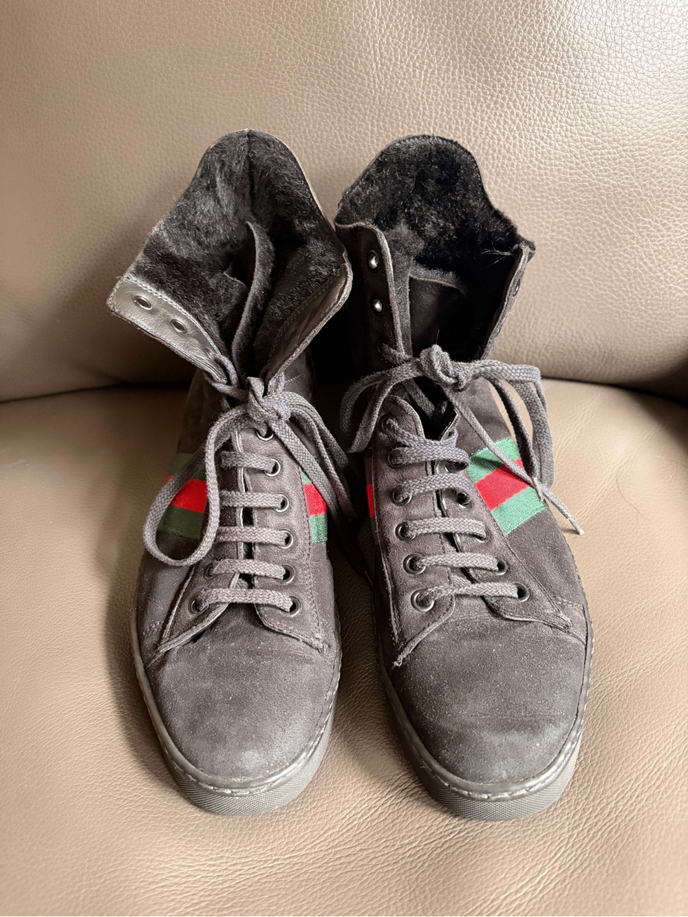 Vintage inspired Gucci Black Suede High-Top Sneakers with Green & Red Stripe .